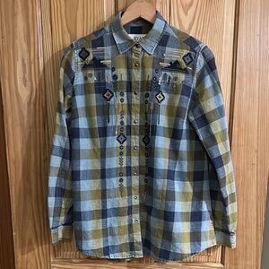 Ryan Michael ~ Plaid Button-Up Shirt with Embroidered Details ~ Small